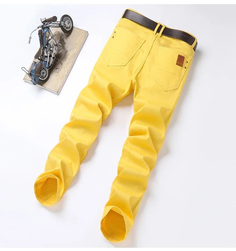 2024 Autumn New Men's Bright Stretch Fit Jeans Trendy Denim Straight - leg Trousers Male Red Lake Blue Yellow Trousers - PratSN