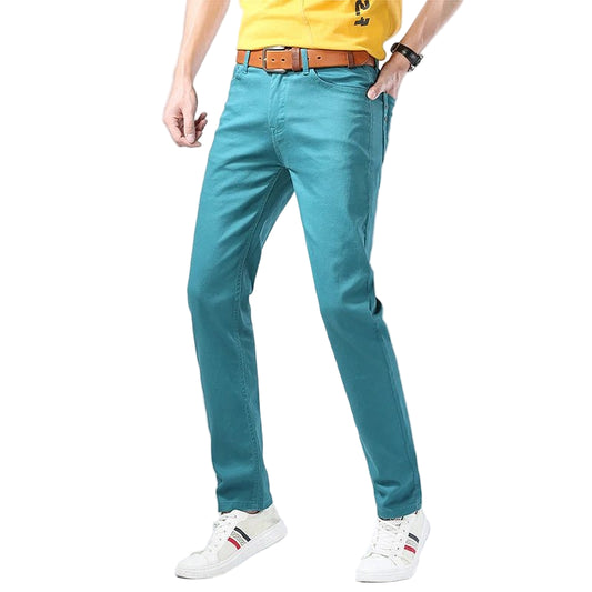 2024 Autumn New Men's Bright Stretch Fit Jeans Trendy Denim Straight - leg Trousers Male Red Lake Blue Yellow Trousers - PratSN