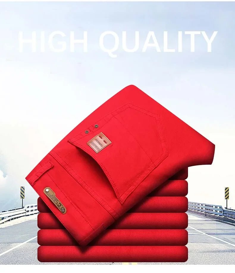 2024 Autumn New Men's Bright Stretch Fit Jeans Trendy Denim Straight - leg Trousers Male Red Lake Blue Yellow Trousers - PratSN