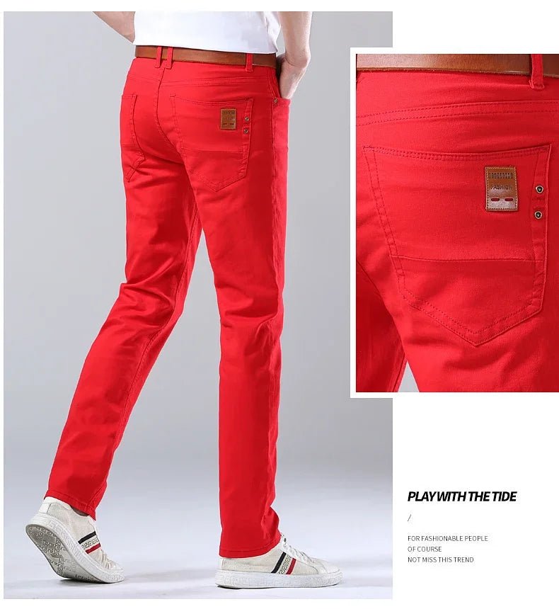 2024 Autumn New Men's Bright Stretch Fit Jeans Trendy Denim Straight - leg Trousers Male Red Lake Blue Yellow Trousers - PratSN
