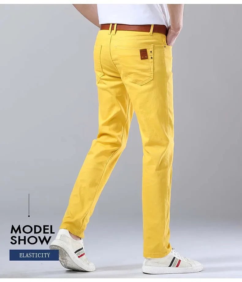 2024 Autumn New Men's Bright Stretch Fit Jeans Trendy Denim Straight - leg Trousers Male Red Lake Blue Yellow Trousers - PratSN
