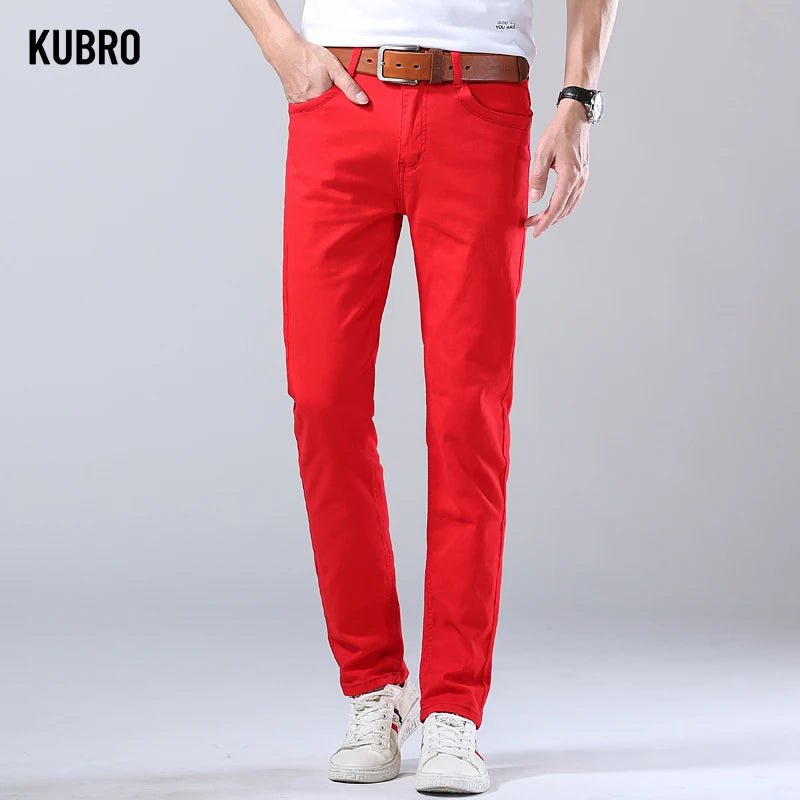 2024 Autumn New Men's Bright Stretch Fit Jeans Trendy Denim Straight - leg Trousers Male Red Lake Blue Yellow Trousers - PratSN