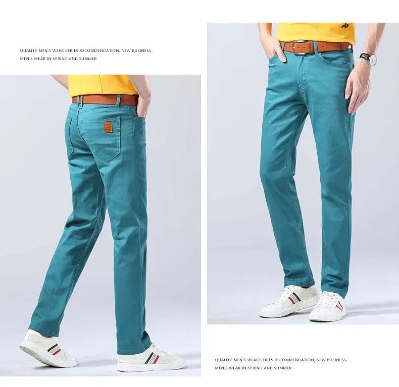 2024 Autumn New Men's Bright Stretch Fit Jeans Trendy Denim Straight - leg Trousers Male Red Lake Blue Yellow Trousers - PratSN