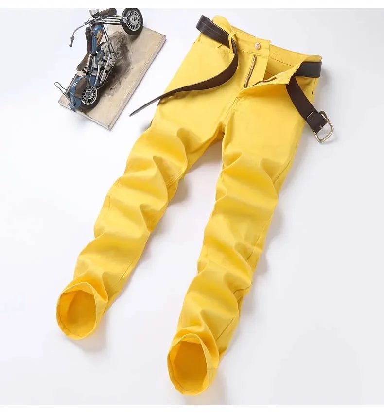 2024 Autumn New Men's Bright Stretch Fit Jeans Trendy Denim Straight - leg Trousers Male Red Lake Blue Yellow Trousers - PratSN
