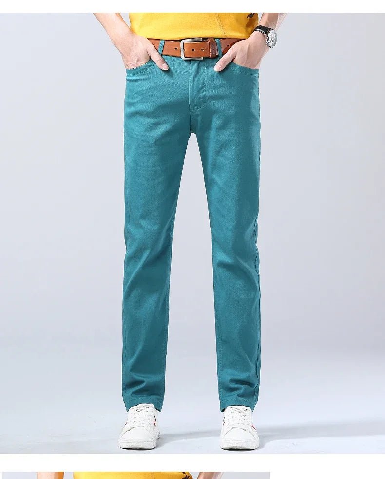 2024 Autumn New Men's Bright Stretch Fit Jeans Trendy Denim Straight - leg Trousers Male Red Lake Blue Yellow Trousers - PratSN