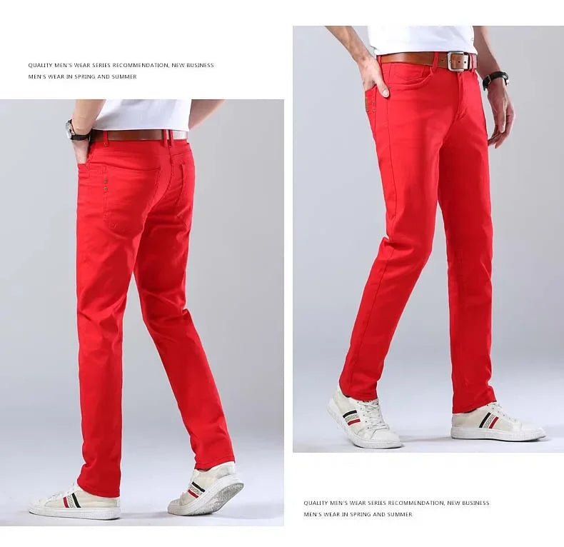 2024 Autumn New Men's Bright Stretch Fit Jeans Trendy Denim Straight - leg Trousers Male Red Lake Blue Yellow Trousers - PratSN