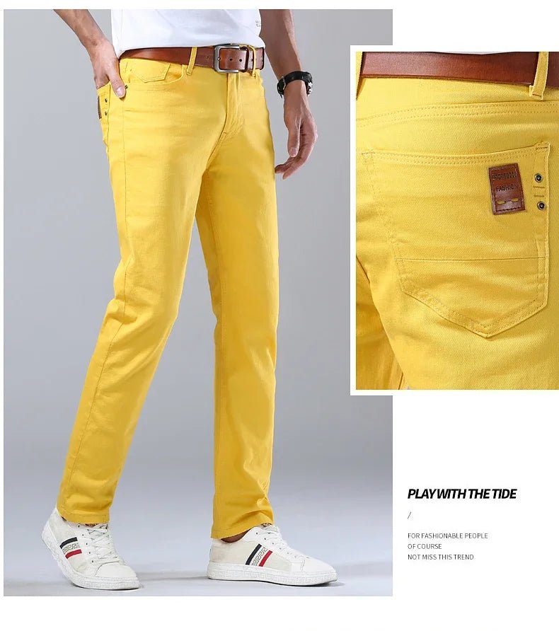 2024 Autumn New Men's Bright Stretch Fit Jeans Trendy Denim Straight - leg Trousers Male Red Lake Blue Yellow Trousers - PratSN