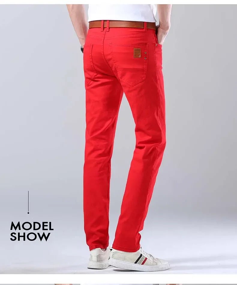 2024 Autumn New Men's Bright Stretch Fit Jeans Trendy Denim Straight - leg Trousers Male Red Lake Blue Yellow Trousers - PratSN