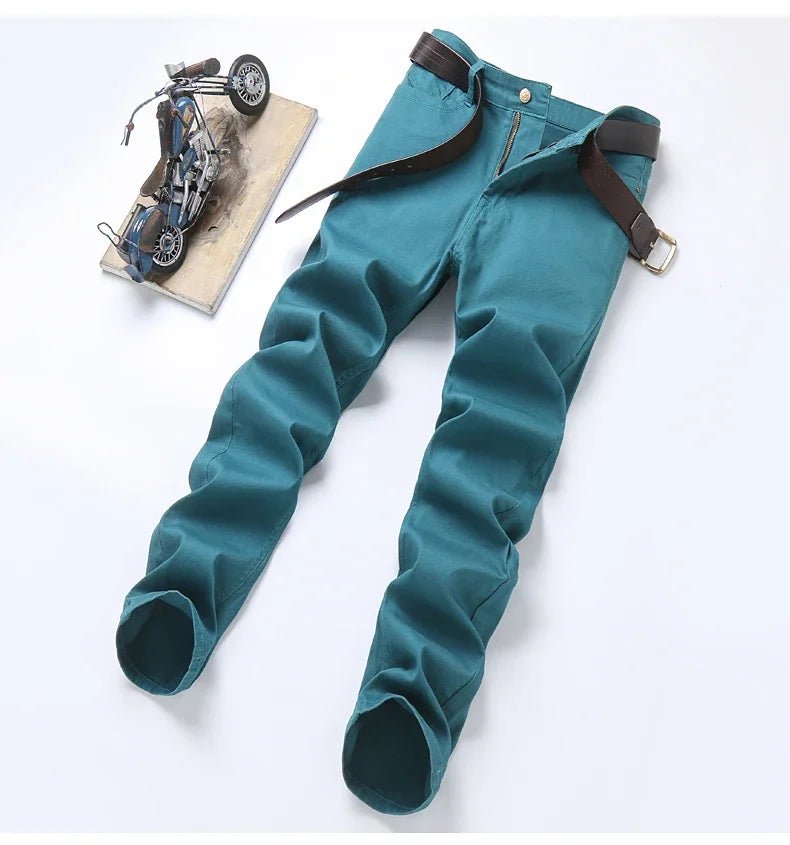2024 Autumn New Men's Bright Stretch Fit Jeans Trendy Denim Straight - leg Trousers Male Red Lake Blue Yellow Trousers - PratSN