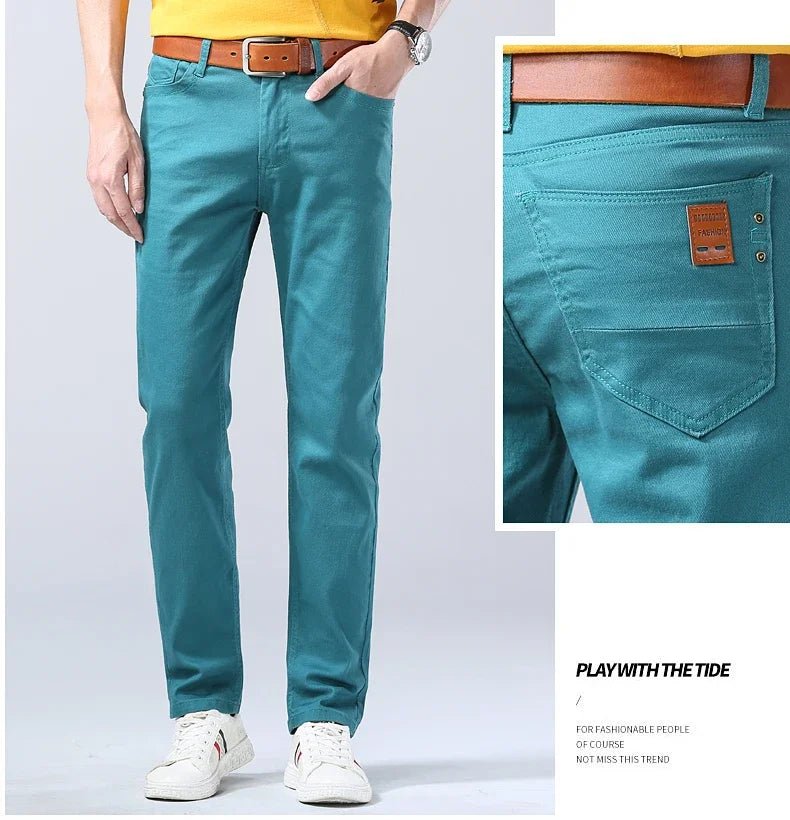 2024 Autumn New Men's Bright Stretch Fit Jeans Trendy Denim Straight - leg Trousers Male Red Lake Blue Yellow Trousers - PratSN