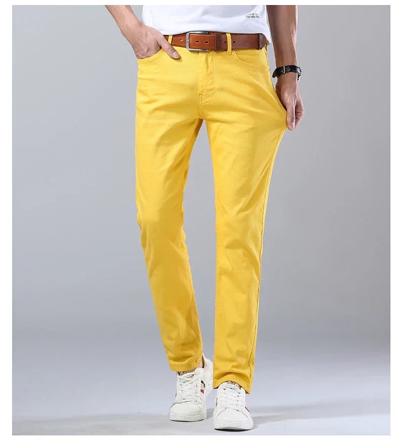 2024 Autumn New Men's Bright Stretch Fit Jeans Trendy Denim Straight - leg Trousers Male Red Lake Blue Yellow Trousers - PratSN