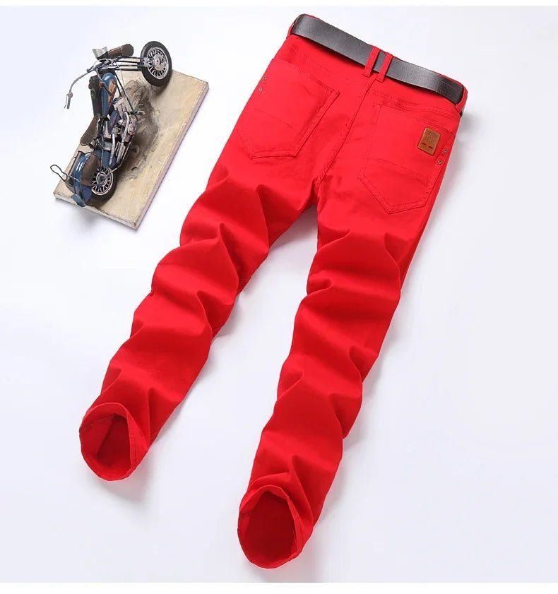 2024 Autumn New Men's Bright Stretch Fit Jeans Trendy Denim Straight - leg Trousers Male Red Lake Blue Yellow Trousers - PratSN