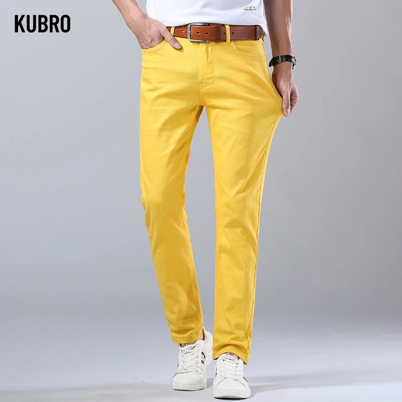 2024 Autumn New Men's Bright Stretch Fit Jeans Trendy Denim Straight - leg Trousers Male Red Lake Blue Yellow Trousers - PratSN