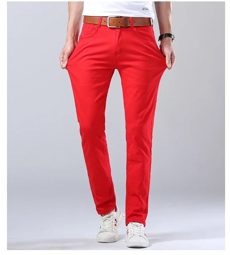 2024 Autumn New Men's Bright Stretch Fit Jeans Trendy Denim Straight - leg Trousers Male Red Lake Blue Yellow Trousers - PratSN