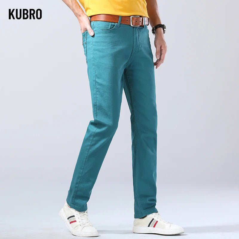 2024 Autumn New Men's Bright Stretch Fit Jeans Trendy Denim Straight - leg Trousers Male Red Lake Blue Yellow Trousers - PratSN