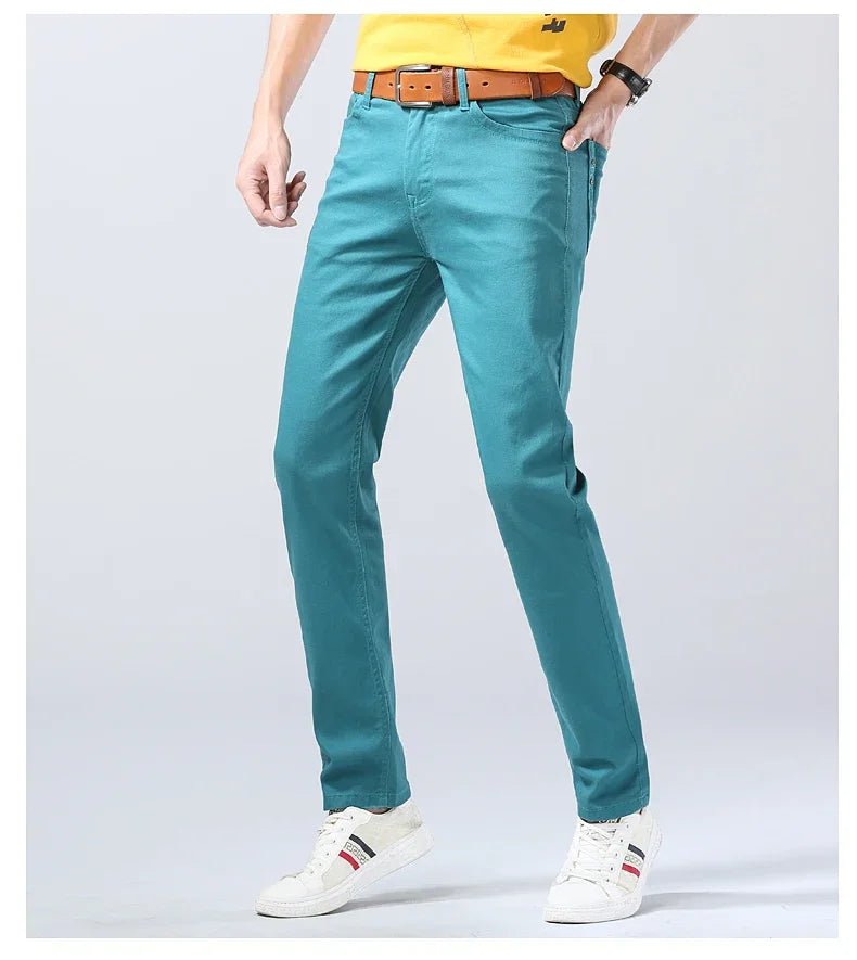 2024 Autumn New Men's Bright Stretch Fit Jeans Trendy Denim Straight - leg Trousers Male Red Lake Blue Yellow Trousers - PratSN