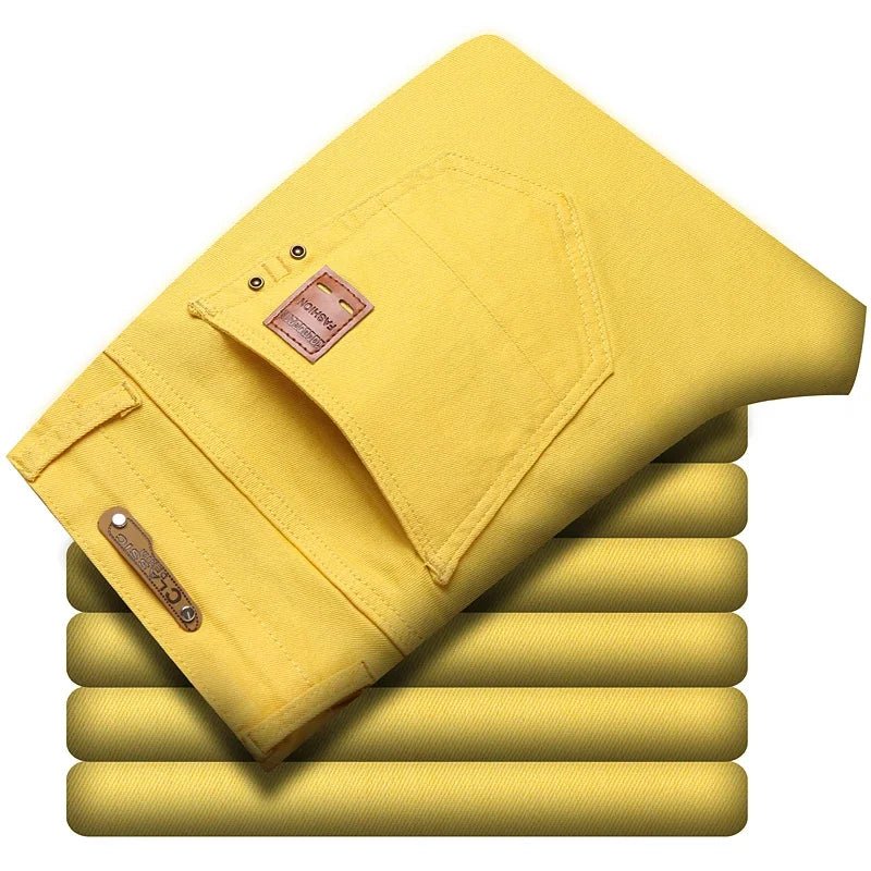 2024 Autumn New Men's Bright Stretch Fit Jeans Trendy Denim Straight - leg Trousers Male Red Lake Blue Yellow Trousers - PratSN