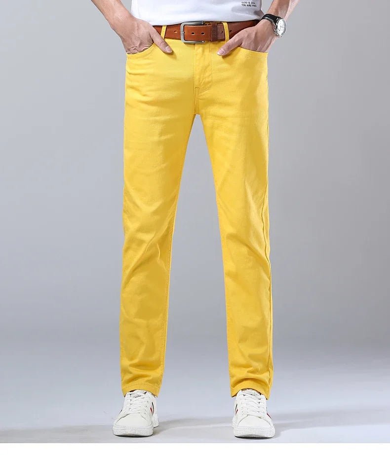 2024 Autumn New Men's Bright Stretch Fit Jeans Trendy Denim Straight - leg Trousers Male Red Lake Blue Yellow Trousers - PratSN