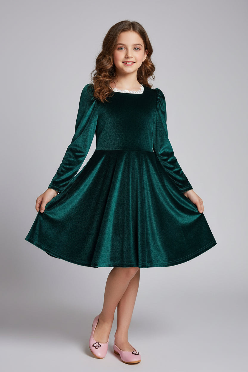 2024 Elegant New Girl Flower Square Neck Girl Dress for Wedding Autumn Winter Long Sleeve Princess Birthday Party Vestidos 3 - 8Y - PratSN