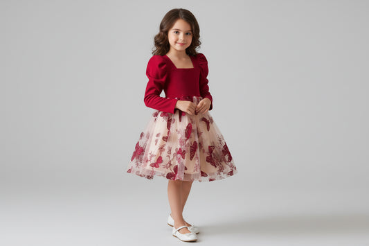 2024 Elegant New Girl Flower Square Neck Girl Dress for Wedding Autumn Winter Long Sleeve Princess Birthday Party Vestidos 3 - 8Y - PratSN