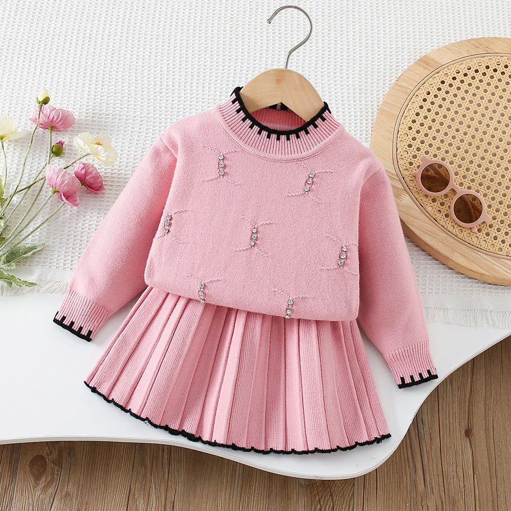 2025 Autumn Children Outfit 2PCS Kids Sweater Set 9M - 5T Fashion Girls Baby Bead Pullover + Short Skirt - PratSN