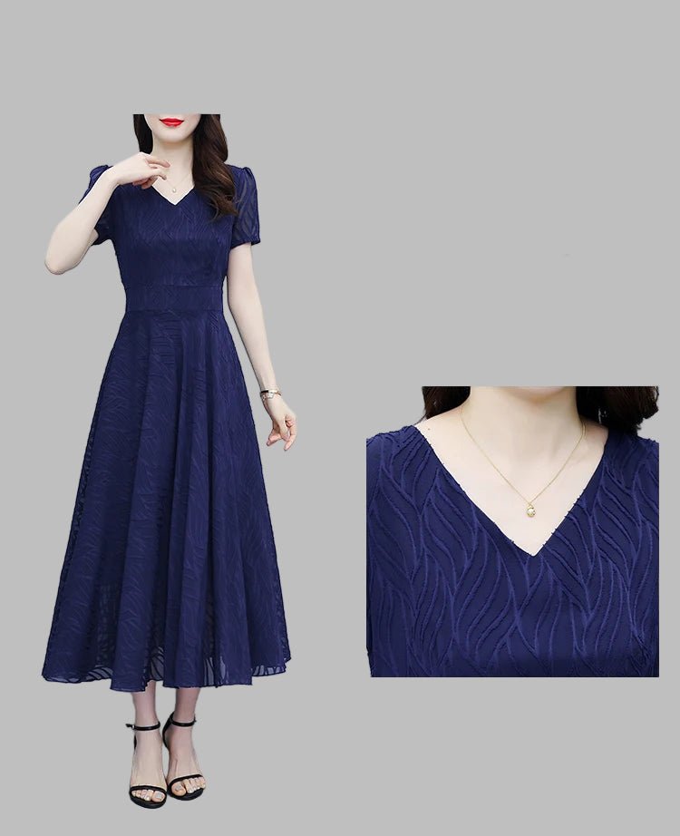2025 Blue Chiffon Short Sleeve V - Neck Midi Dress Summer Vintage Elegant Chic Prom Dress - PratSN