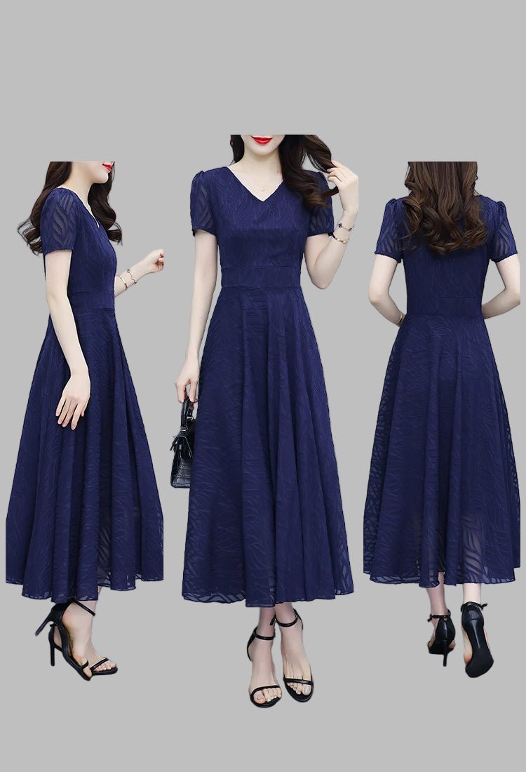 2025 Blue Chiffon Short Sleeve V - Neck Midi Dress Summer Vintage Elegant Chic Prom Dress - PratSN
