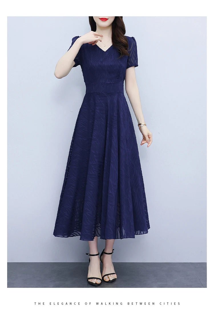 2025 Blue Chiffon Short Sleeve V - Neck Midi Dress Summer Vintage Elegant Chic Prom Dress - PratSN