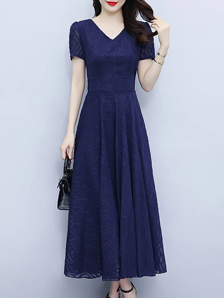 2025 Blue Chiffon Short Sleeve V - Neck Midi Dress Summer Vintage Elegant Chic Prom Dress - PratSN
