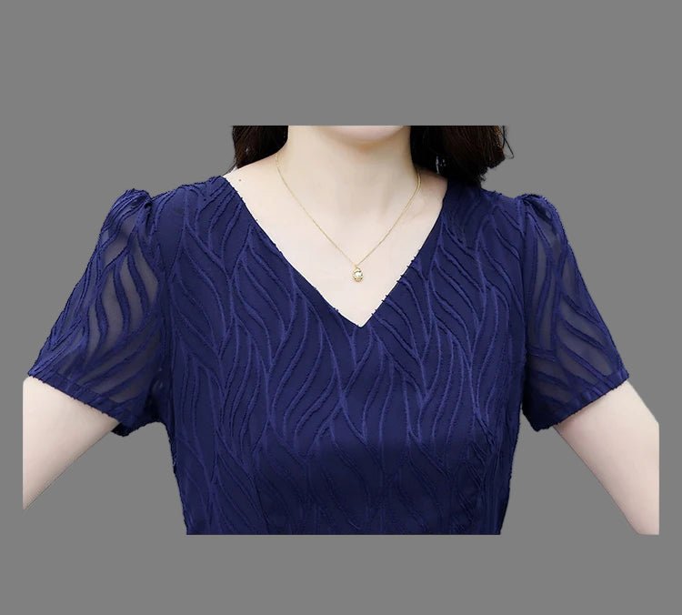 2025 Blue Chiffon Short Sleeve V - Neck Midi Dress Summer Vintage Elegant Chic Prom Dress - PratSN
