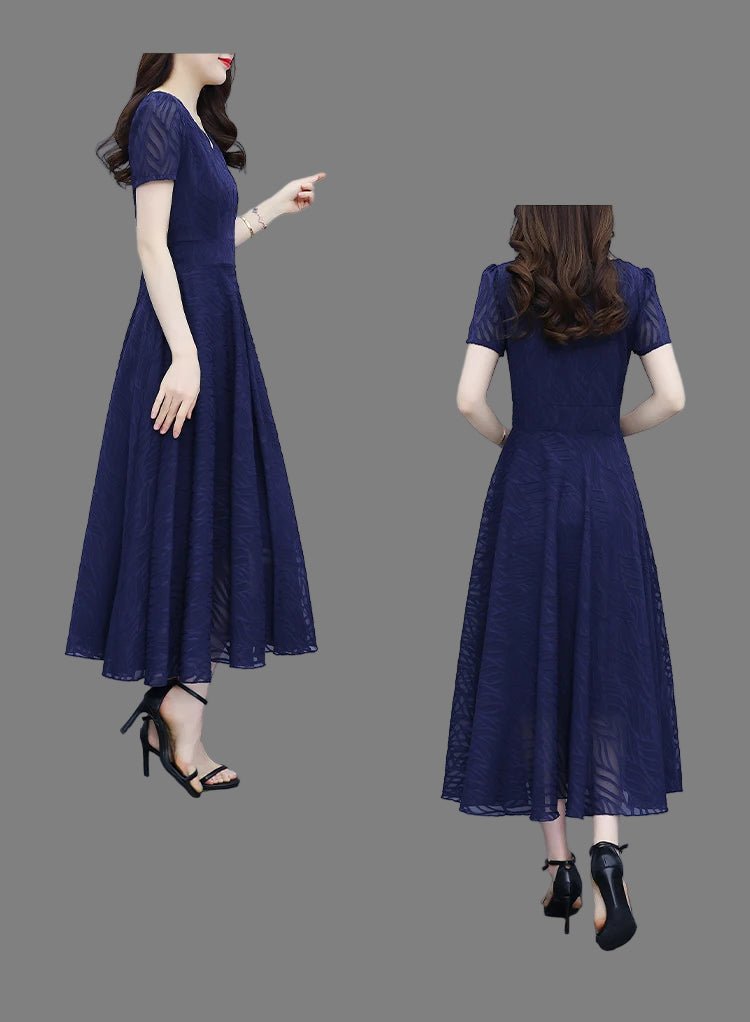 2025 Blue Chiffon Short Sleeve V - Neck Midi Dress Summer Vintage Elegant Chic Prom Dress - PratSN