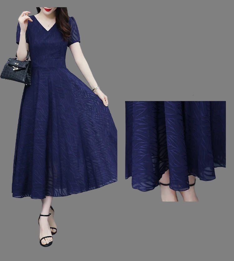2025 Blue Chiffon Short Sleeve V - Neck Midi Dress Summer Vintage Elegant Chic Prom Dress - PratSN