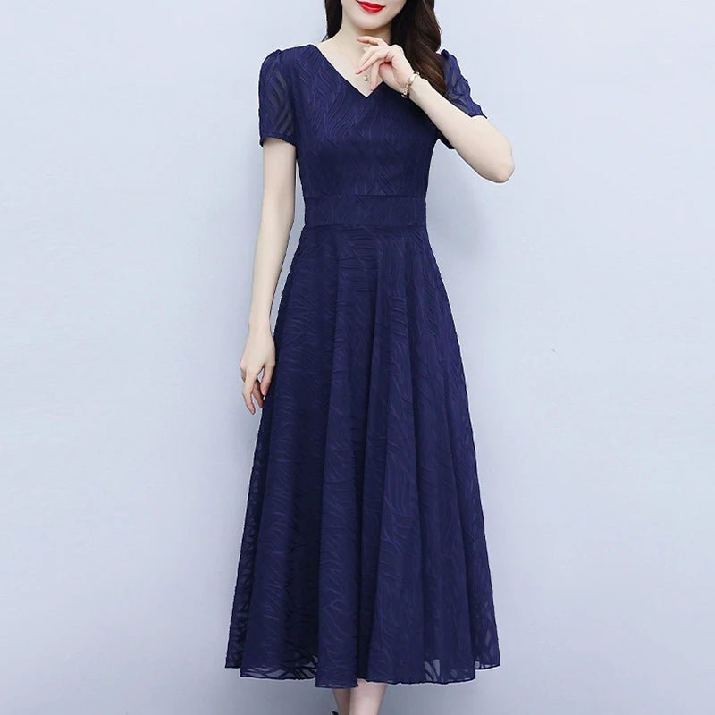 2025 Blue Chiffon Short Sleeve V - Neck Midi Dress Summer Vintage Elegant Chic Prom Dress - PratSN