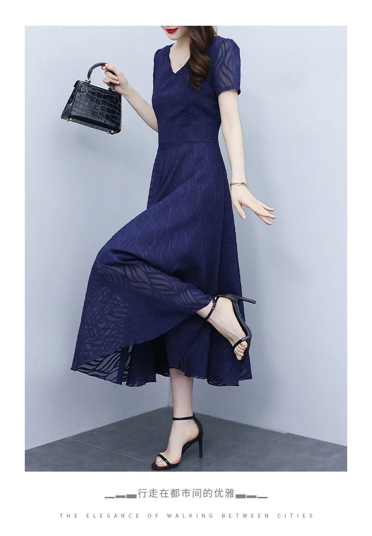 2025 Blue Chiffon Short Sleeve V - Neck Midi Dress Summer Vintage Elegant Chic Prom Dress - PratSN