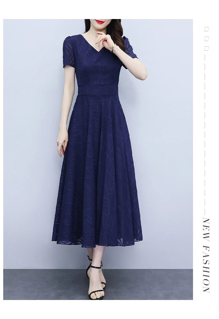 2025 Blue Chiffon Short Sleeve V - Neck Midi Dress Summer Vintage Elegant Chic Prom Dress - PratSN