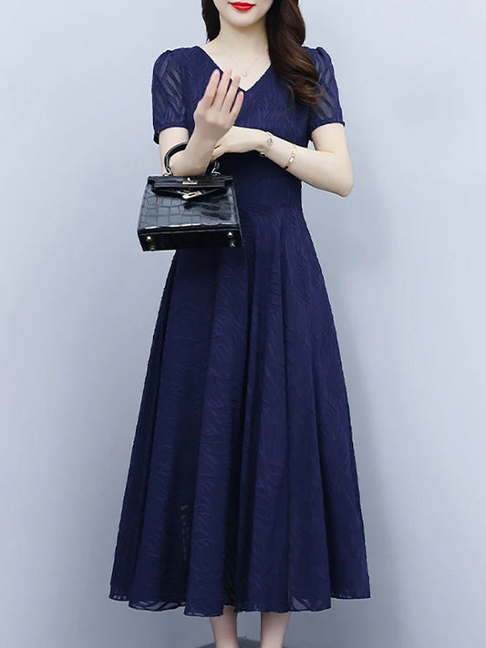 2025 Blue Chiffon Short Sleeve V - Neck Midi Dress Summer Vintage Elegant Chic Prom Dress - PratSN