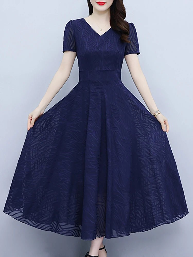 2025 Blue Chiffon Short Sleeve V - Neck Midi Dress Summer Vintage Elegant Chic Prom Dress - PratSN