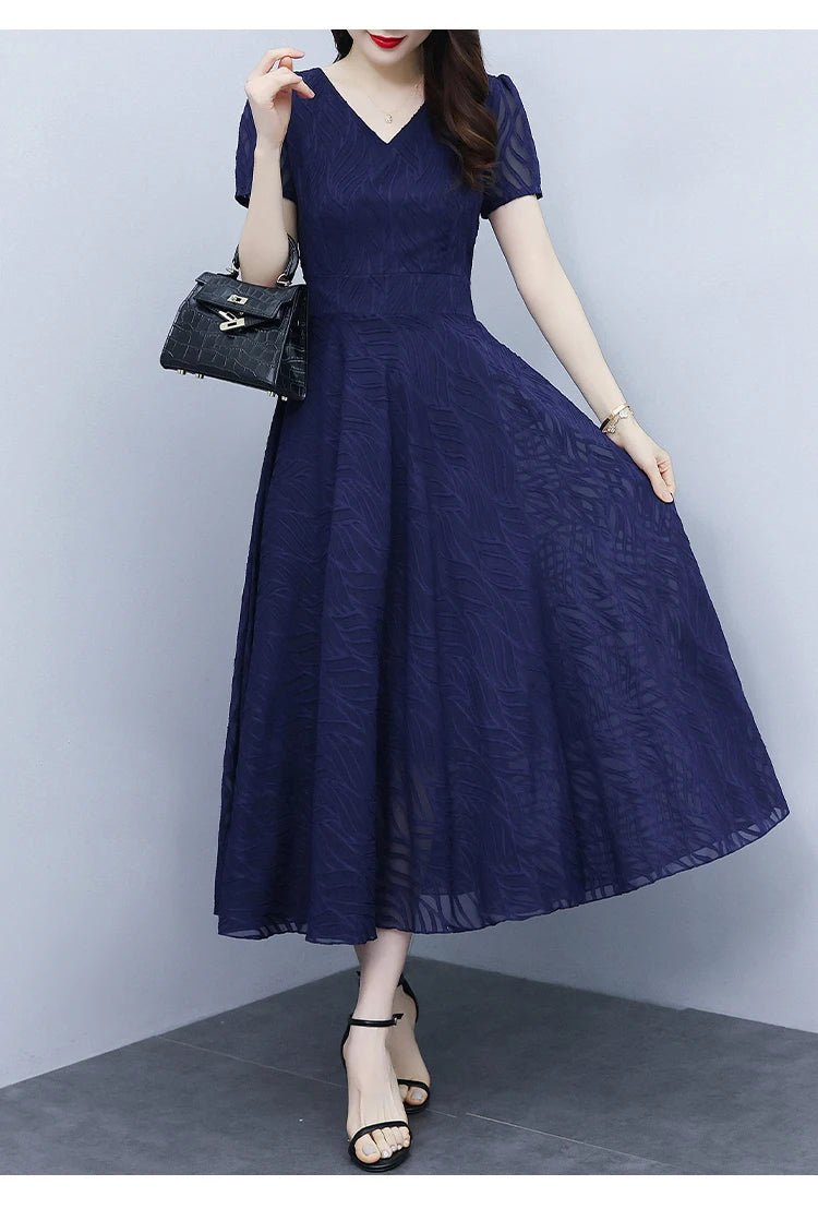 2025 Blue Chiffon Short Sleeve V - Neck Midi Dress Summer Vintage Elegant Chic Prom Dress - PratSN