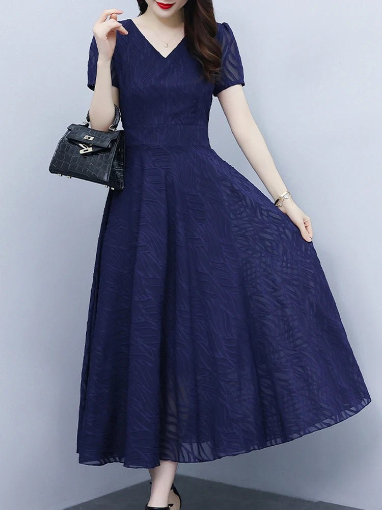 2025 Blue Chiffon Short Sleeve V - Neck Midi Dress Summer Vintage Elegant Chic Prom Dress - PratSN