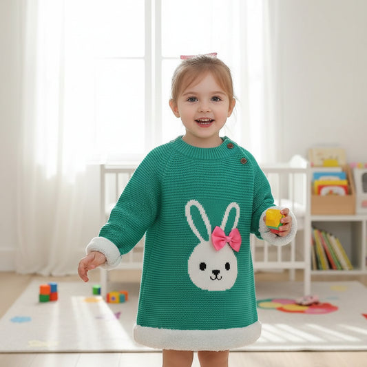 2025 New Baby Girls' Winter Sweater Hand Knitted with Cute Rabbit Pattern Wool and Cotton Fabric Button Closure for Christmas - PratSN