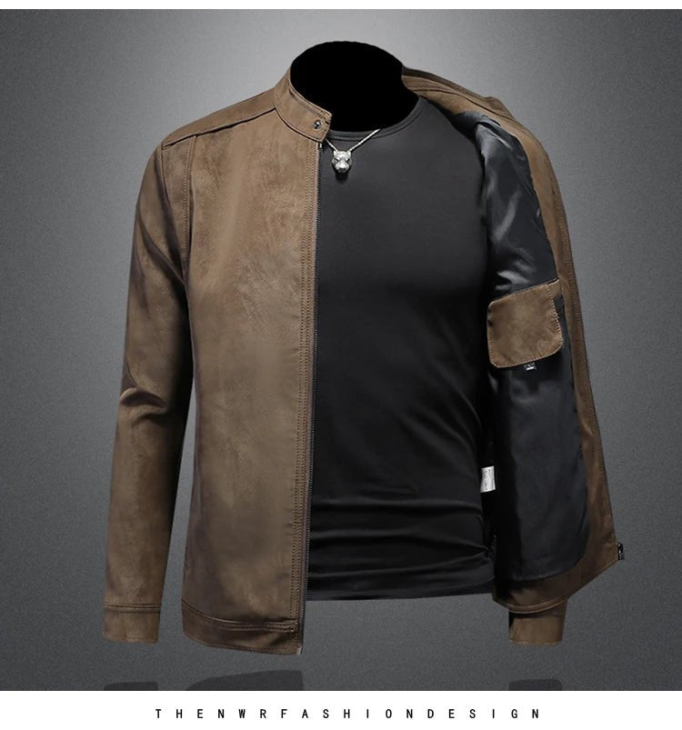 2025 new high - quality slim fit leather jacket, men's casual stand up collar leather jacket, - PratSN