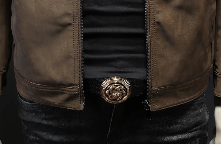 2025 new high - quality slim fit leather jacket, men's casual stand up collar leather jacket, - PratSN
