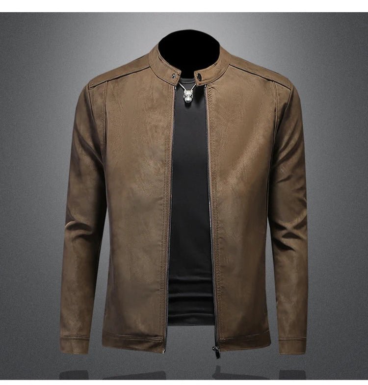 2025 new high - quality slim fit leather jacket, men's casual stand up collar leather jacket, - PratSN