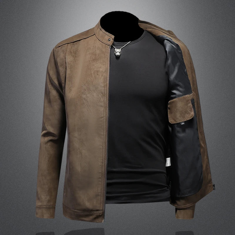 2025 new high - quality slim fit leather jacket, men's casual stand up collar leather jacket, - PratSN