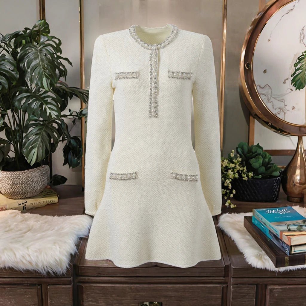 2025 Spring French Style Casual Mini Dress for Women O - Neck Long Sleeve with Beads Sequins Solid Color Knit Slim Fitted A - Line - PratSN