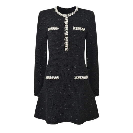 2025 Spring French Style Casual Mini Dress for Women O - Neck Long Sleeve with Beads Sequins Solid Color Knit Slim Fitted A - Line - PratSN
