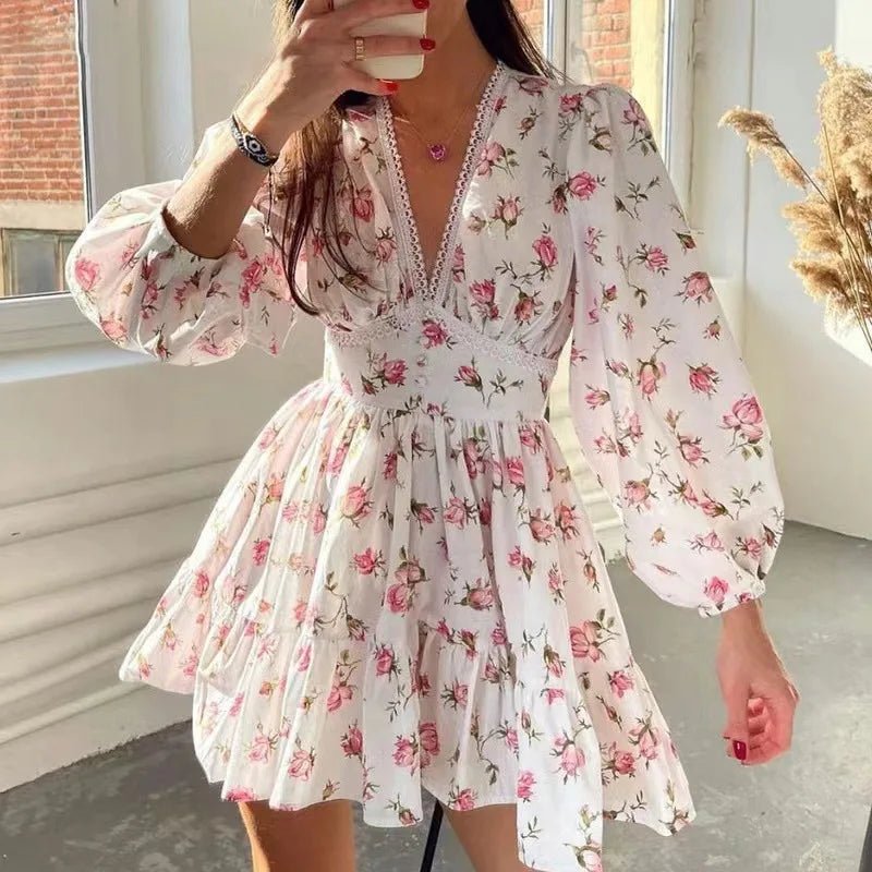 2025 Spring Women's Floral Lace Dress: Vintage - Inspired V - Neck Mini with Cinched Waist & Tencel Blend for Garden Parties - PratSN