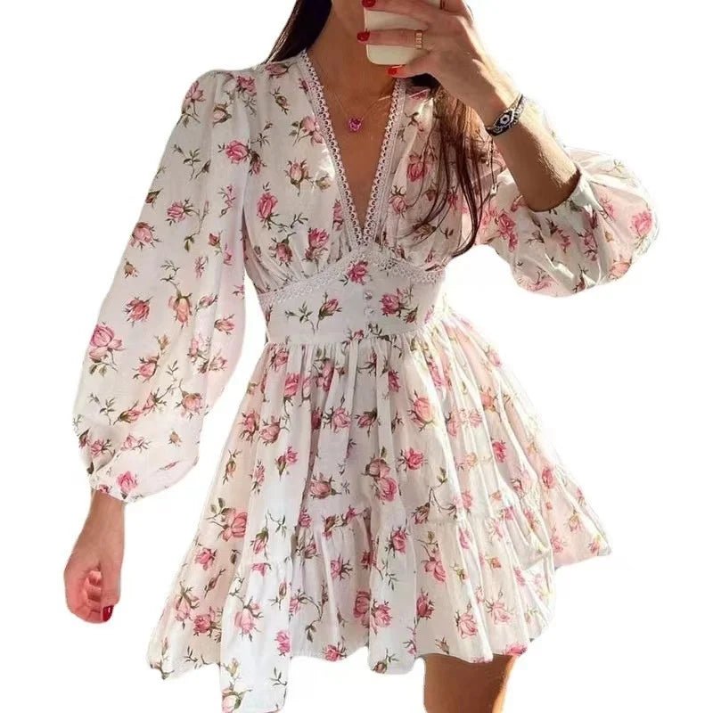 2025 Spring Women's Floral Lace Dress: Vintage - Inspired V - Neck Mini with Cinched Waist & Tencel Blend for Garden Parties - PratSN