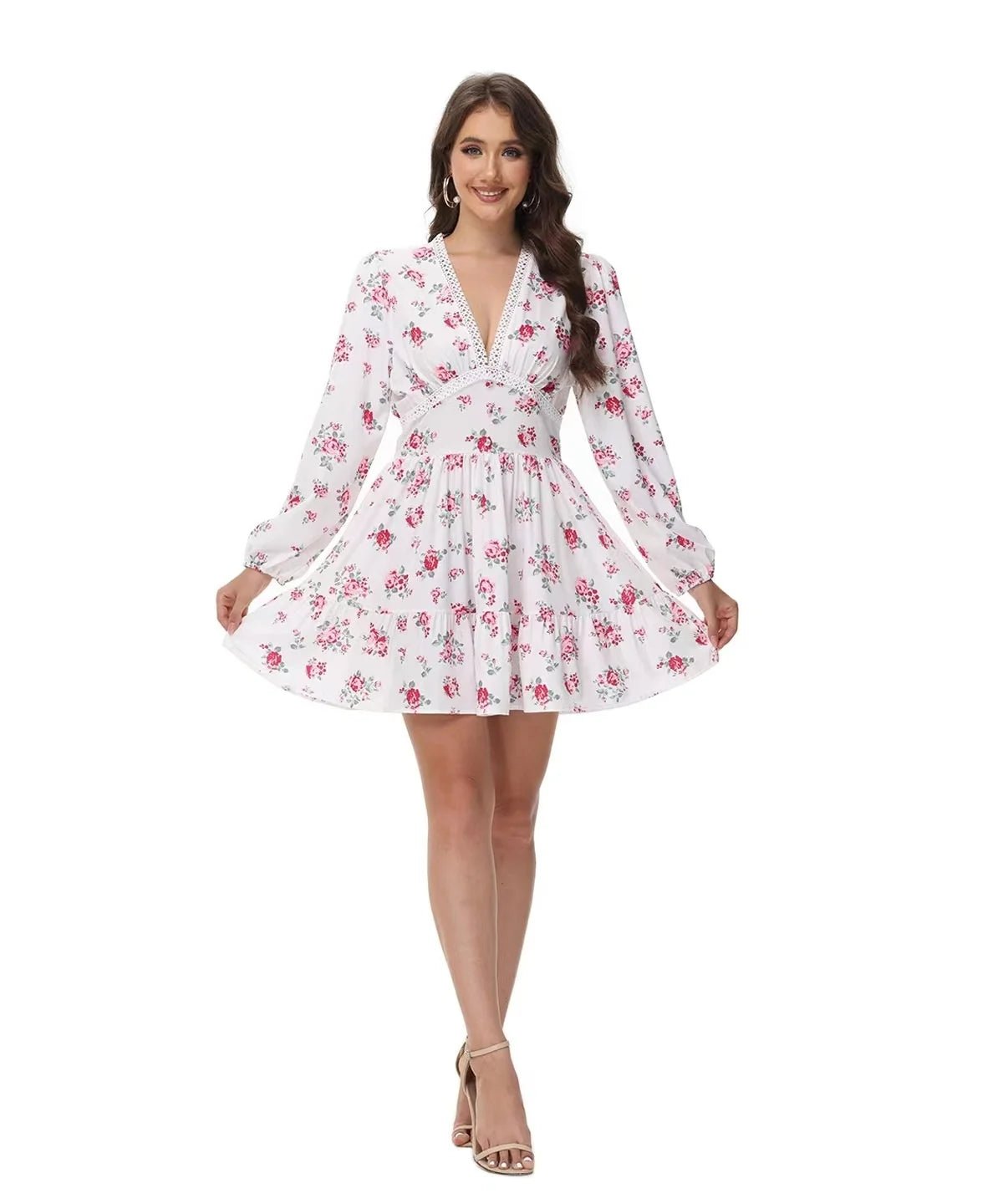 2025 Spring Women's Floral Lace Dress: Vintage - Inspired V - Neck Mini with Cinched Waist & Tencel Blend for Garden Parties - PratSN