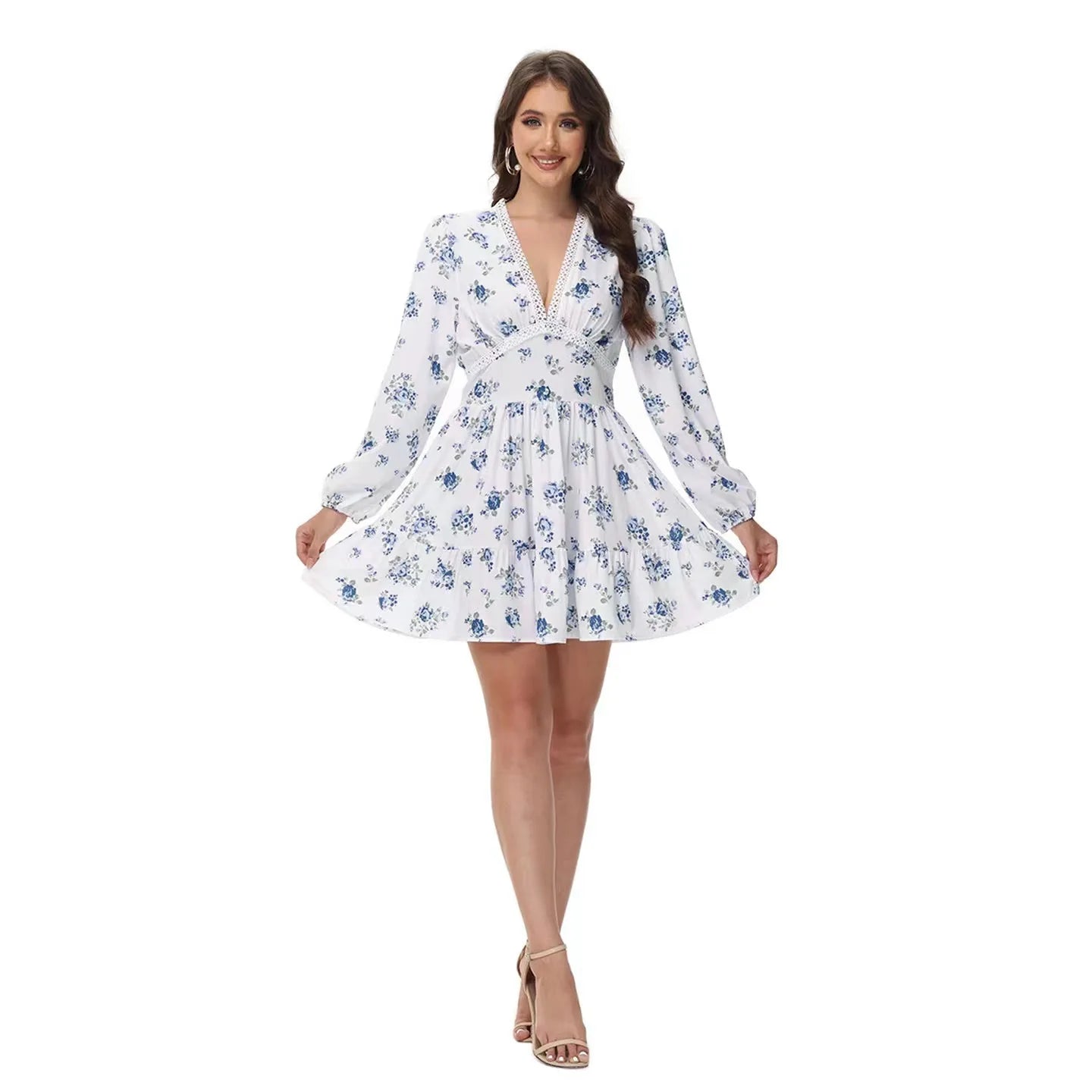 2025 Spring Women's Floral Lace Dress: Vintage - Inspired V - Neck Mini with Cinched Waist & Tencel Blend for Garden Parties - PratSN